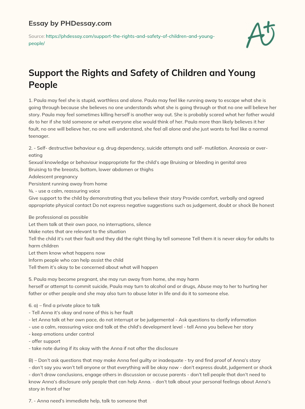 Support the Rights and Safety of Children and Young People essay