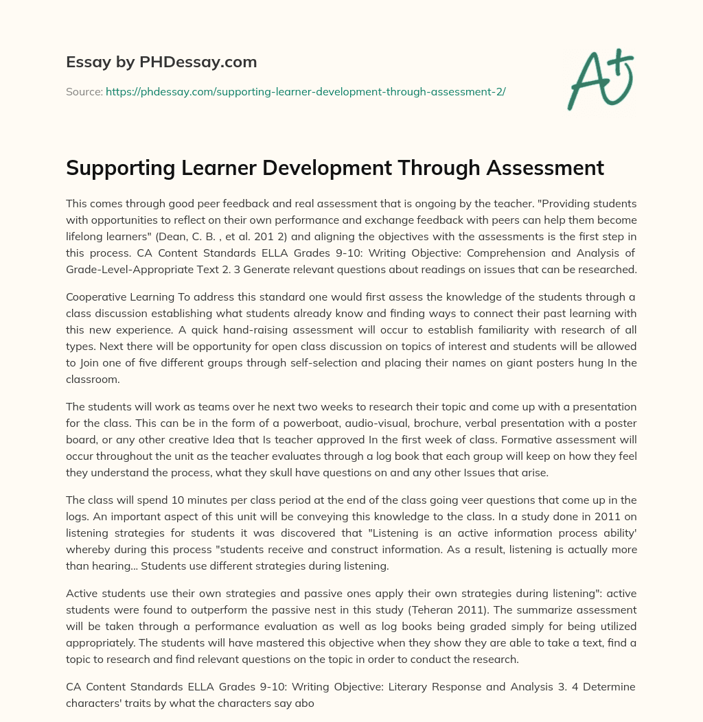 Supporting Learner Development Through Assessment essay