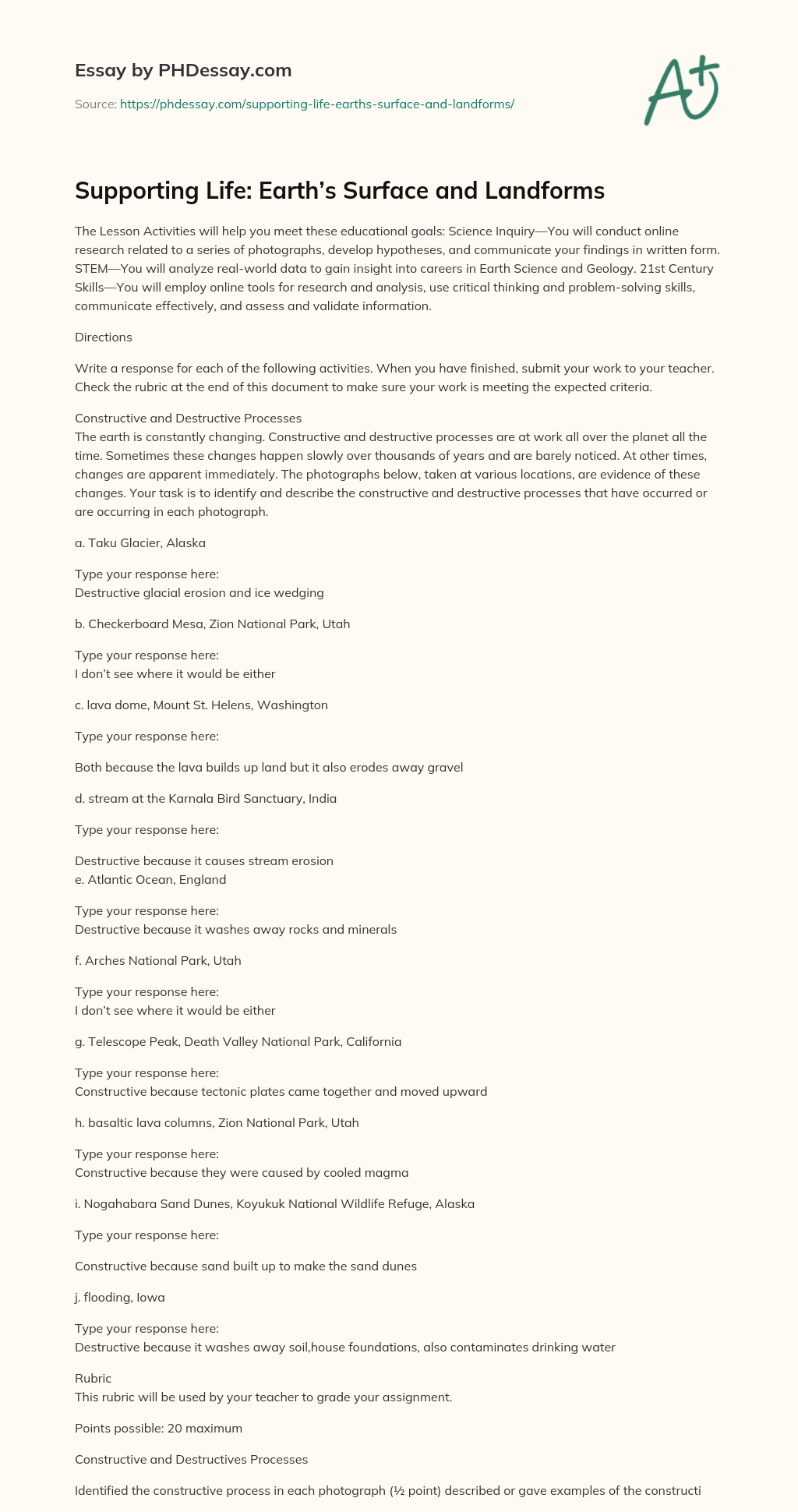 Supporting Life: Earth’s Surface and Landforms essay