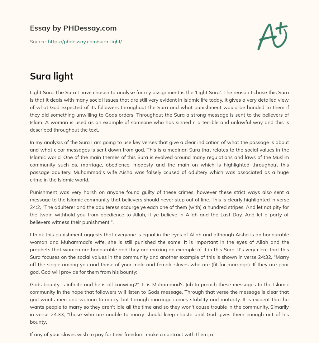 Analysis of the ‘Light Sura’ and its relevance to social issues in Islamic life today essay