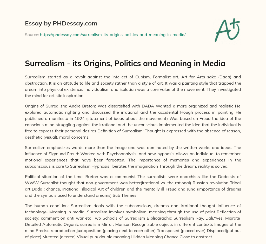 Surrealism – its Origins, Politics and Meaning in Media essay