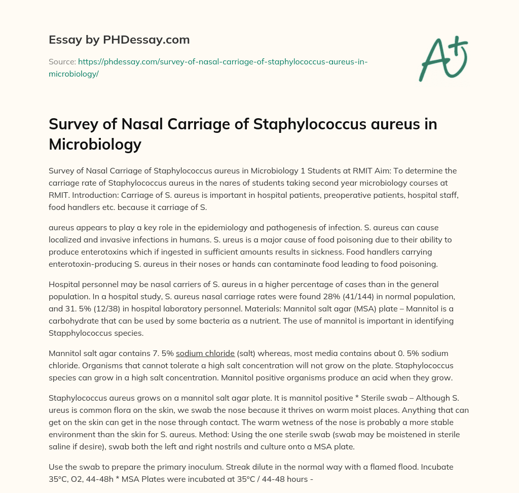 Survey of Nasal Carriage of Staphylococcus aureus in Microbiology essay