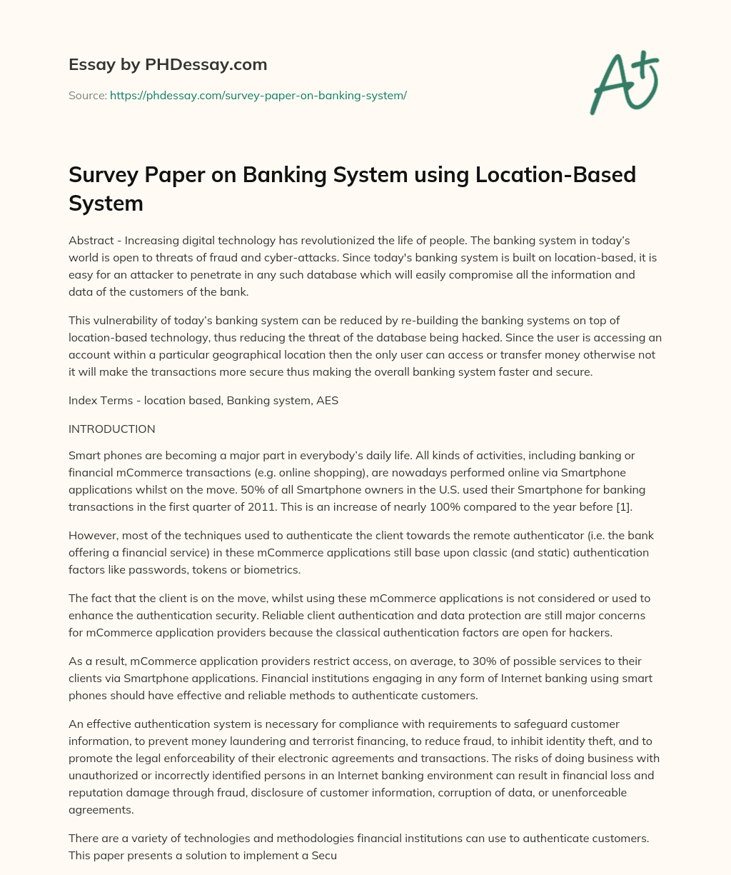 Survey Paper on Banking System using Location-Based System essay