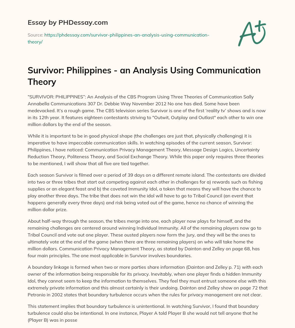 Survivor: Philippines – an Analysis Using Communication Theory essay