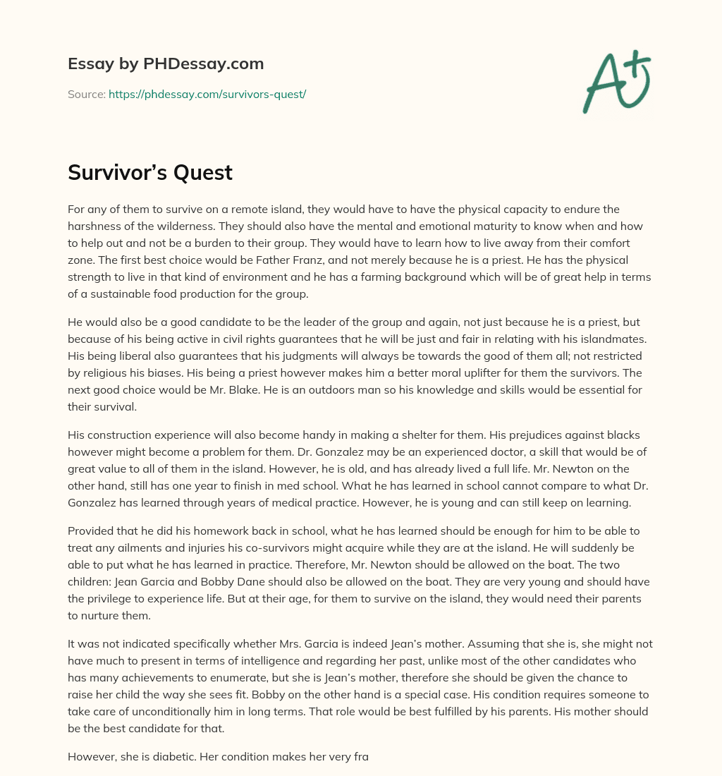 Survivor’s Quest essay