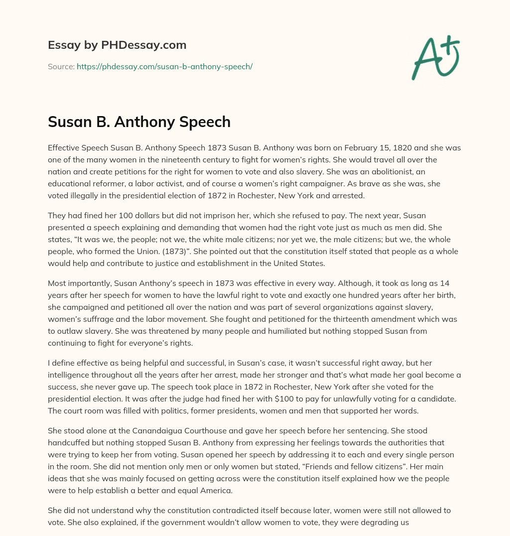 Susan B. Anthony Speech essay