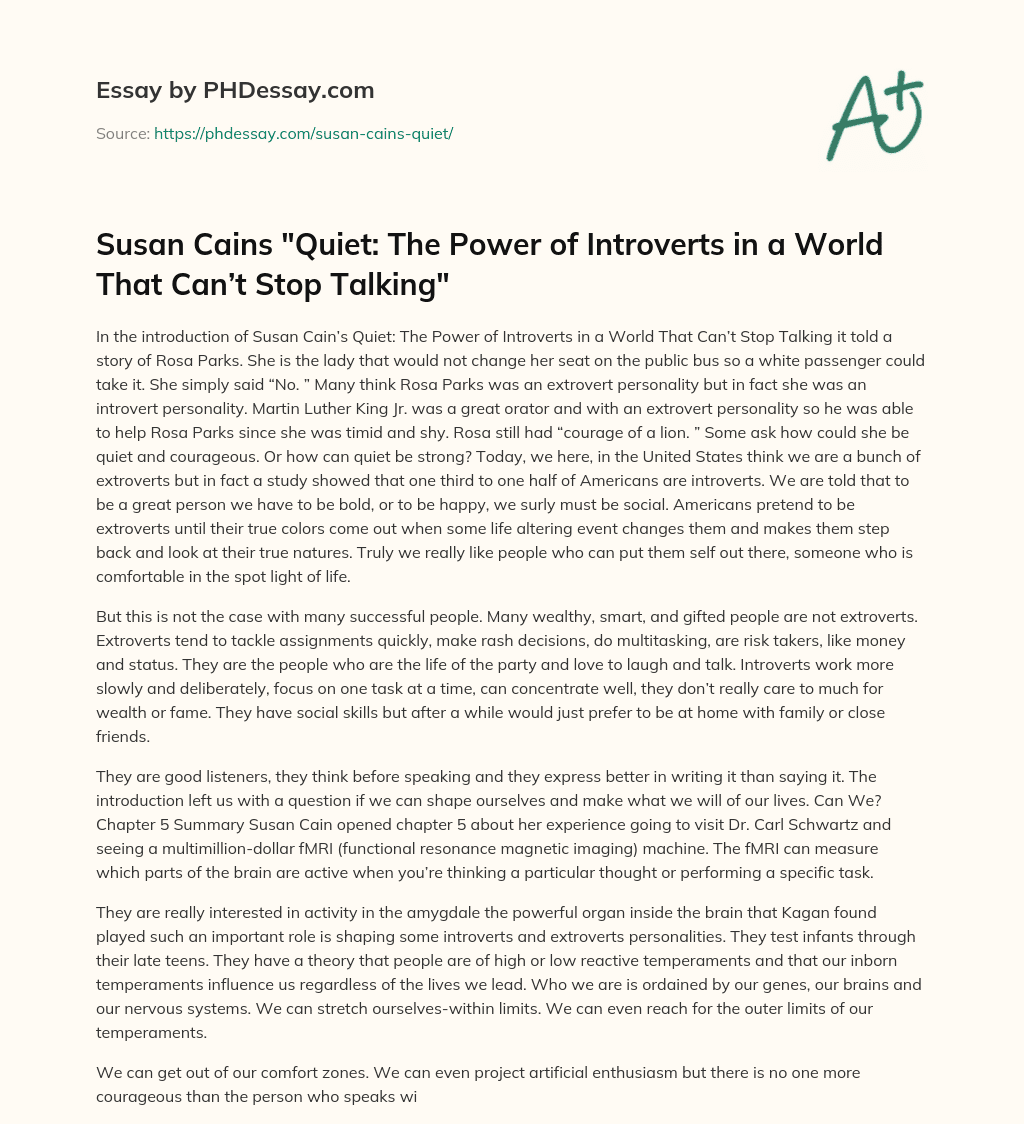 Susan Cains “Quiet: The Power of Introverts in a World That Can’t Stop Talking” essay