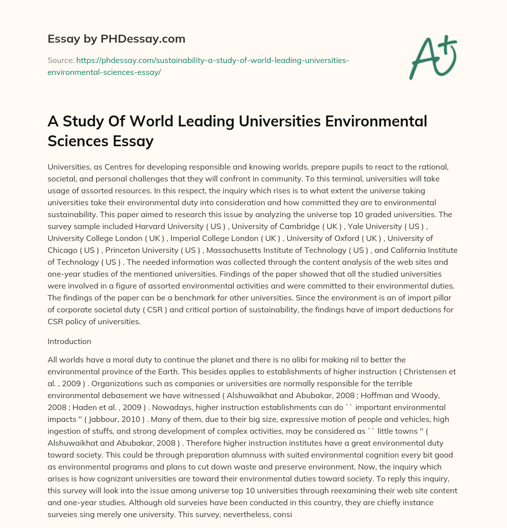 A Study Of World Leading Universities Environmental Sciences Essay essay
