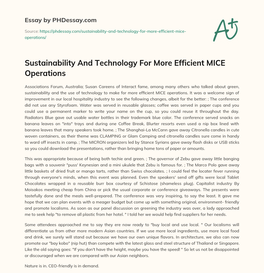Sustainability And Technology For More Efficient MICE Operations essay