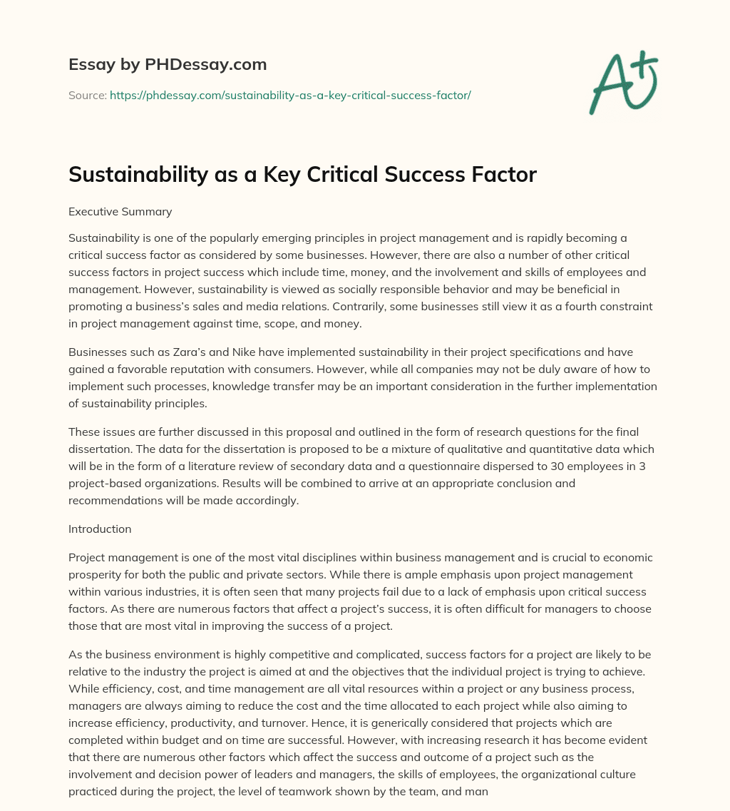 Sustainability as a Key Critical Success Factor essay