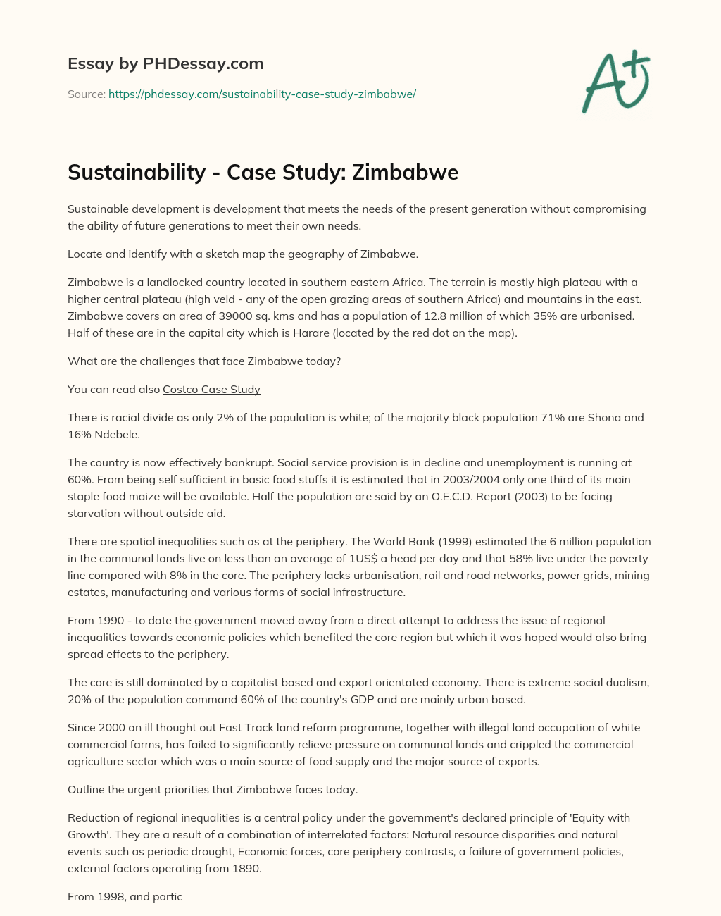 Sustainability – Case Study: Zimbabwe essay