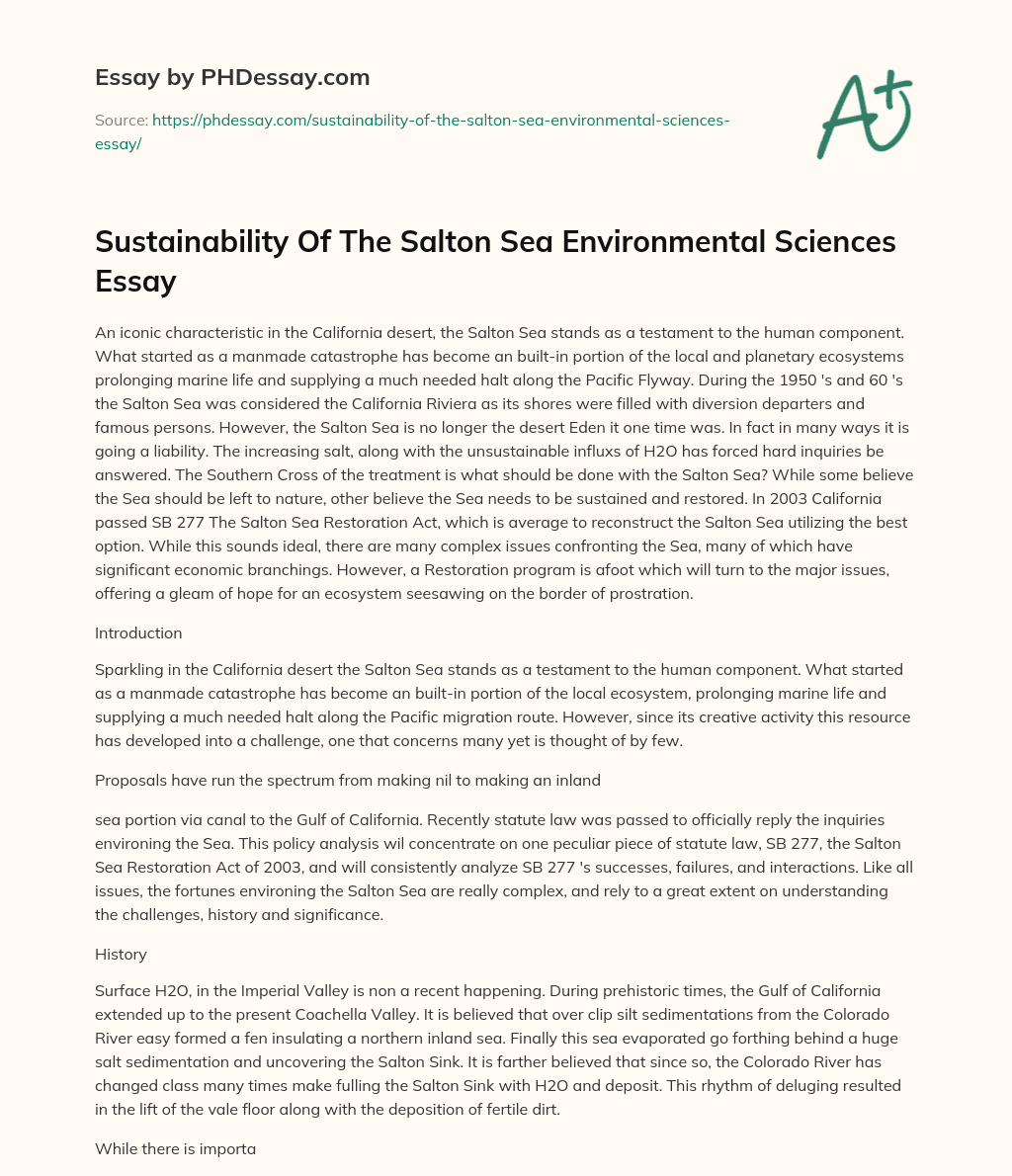 Sustainability Of The Salton Sea Environmental Sciences Essay essay