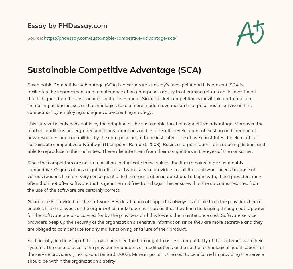 Sustainable Competitive Advantage (SCA) essay