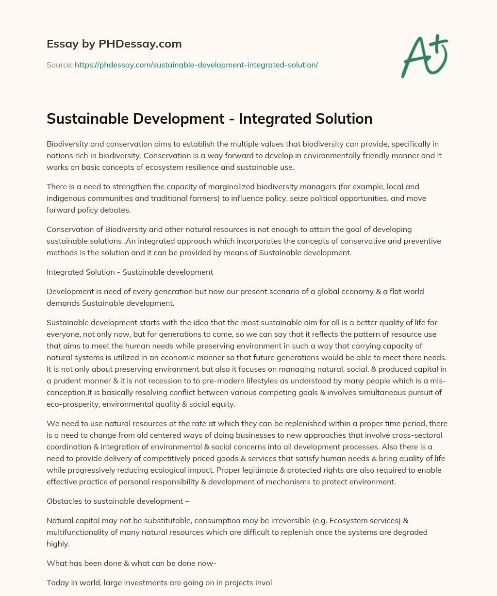 Sustainable Development – Integrated Solution essay