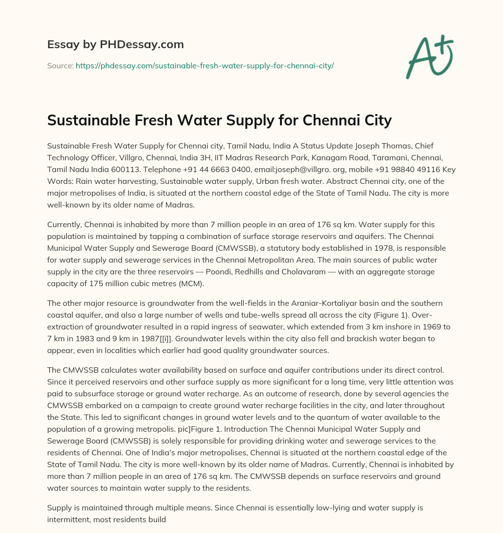 Sustainable Fresh Water Supply for Chennai City essay