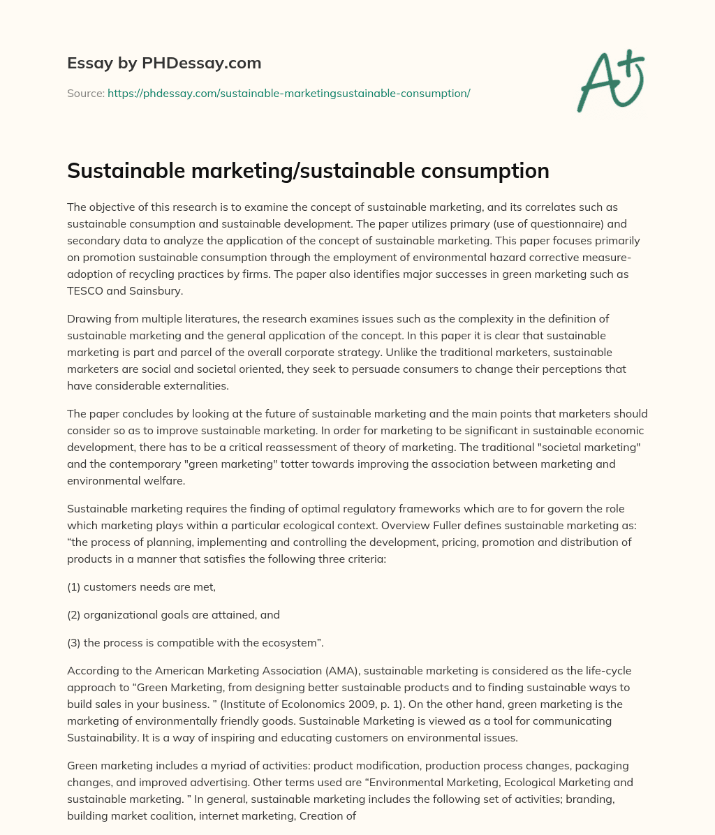 Sustainable marketing/sustainable consumption essay