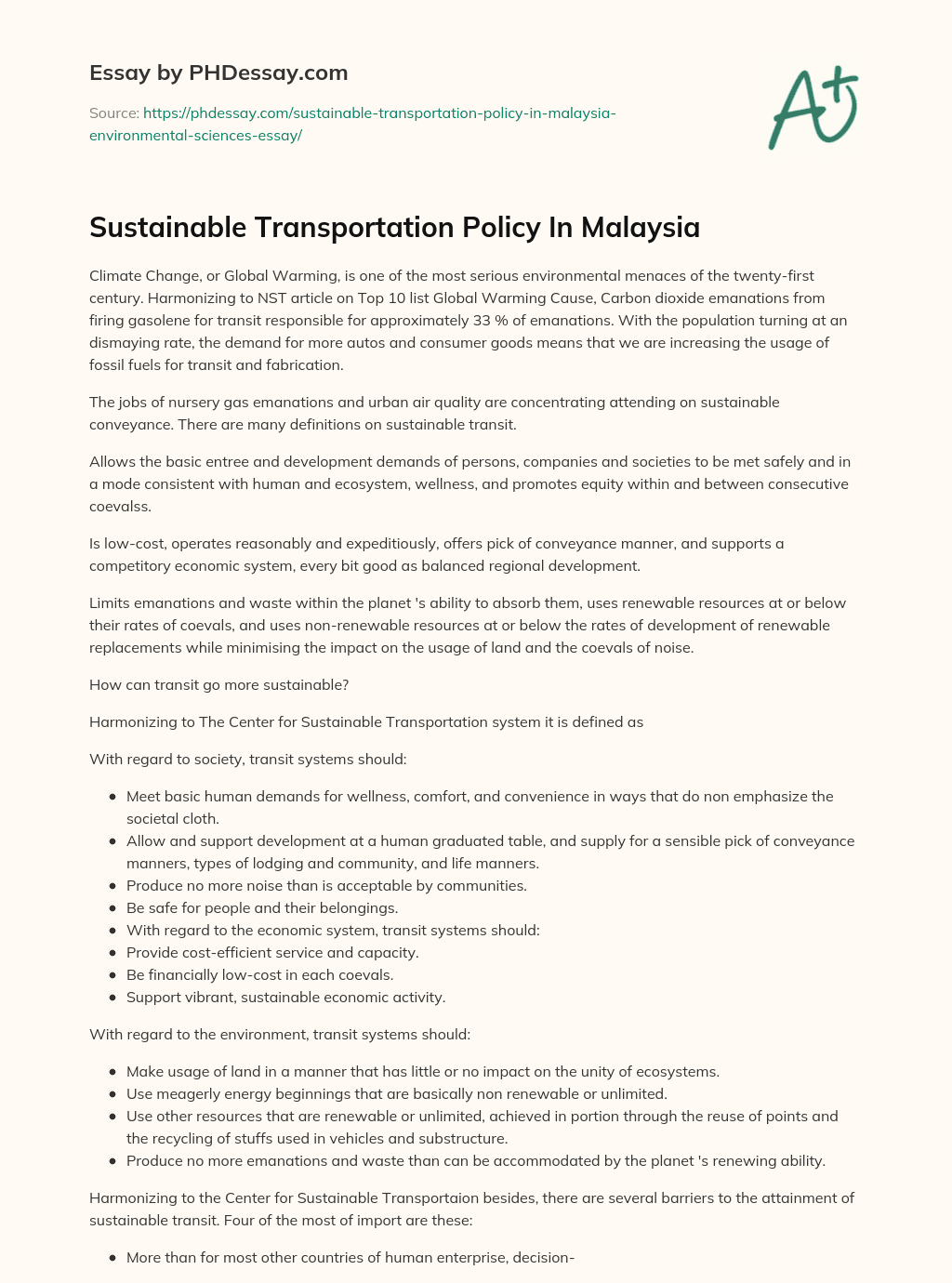Sustainable Transportation Policy In Malaysia essay