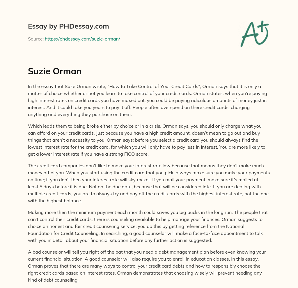 Suze Orman’s Advice on Taking Control of Credit Cards essay