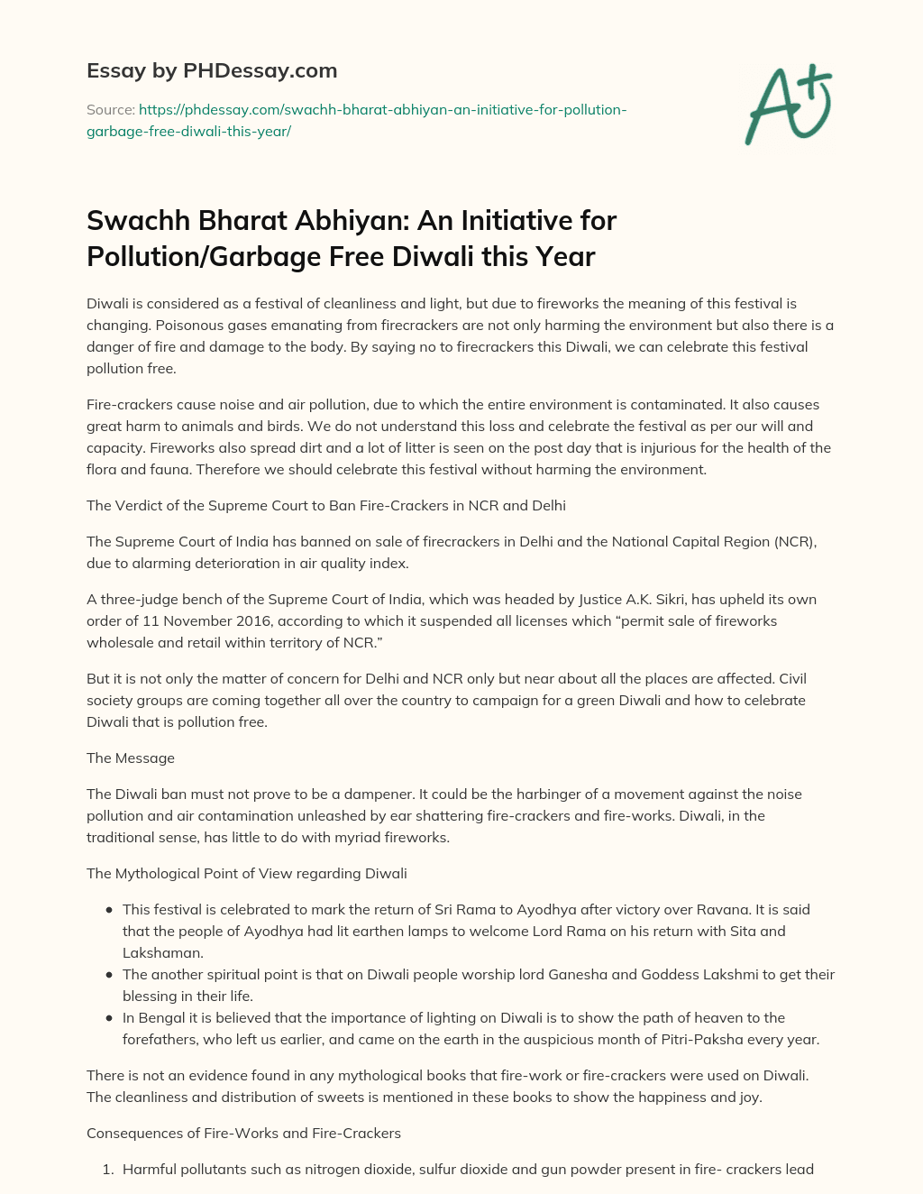 Swachh Bharat Abhiyan: An Initiative for Pollution/Garbage Free Diwali this Year essay
