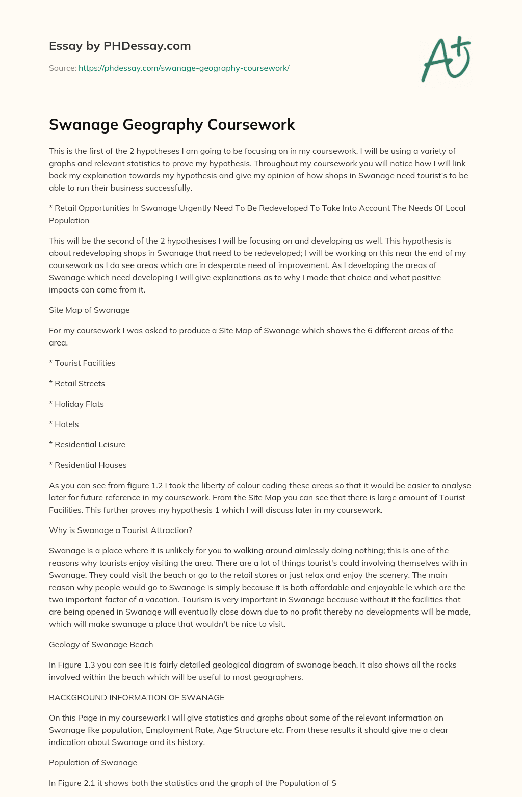 Swanage Geography Coursework essay
