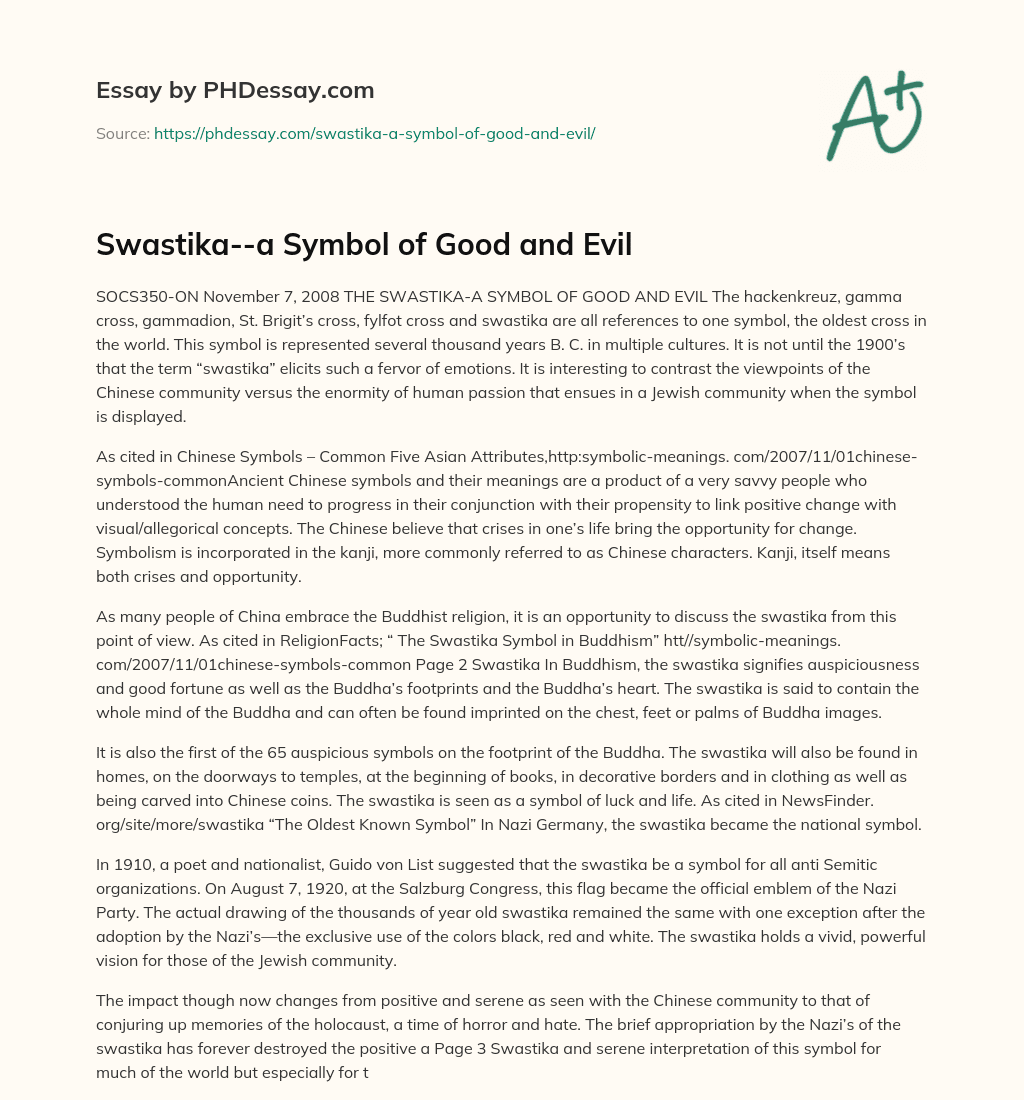 Swastika–a Symbol of Good and Evil essay