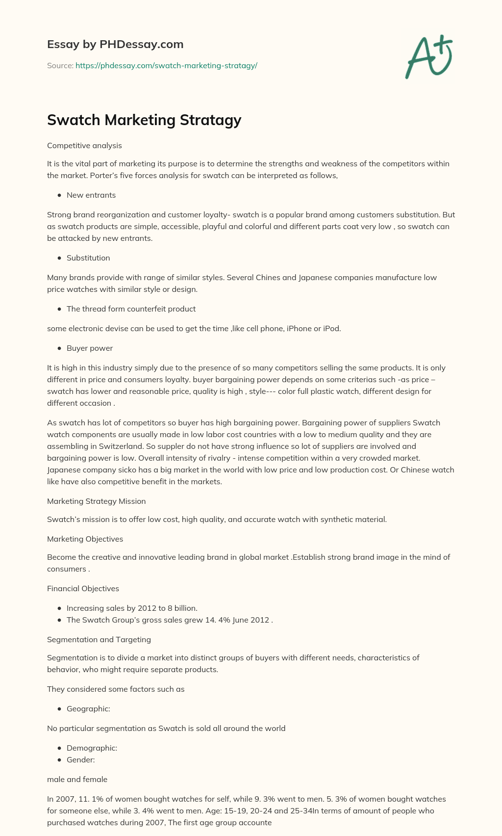 Swatch Marketing Stratagy essay