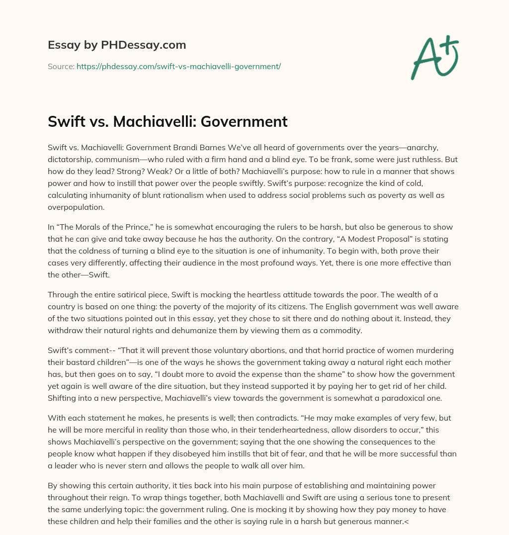 Swift vs. Machiavelli: Government essay