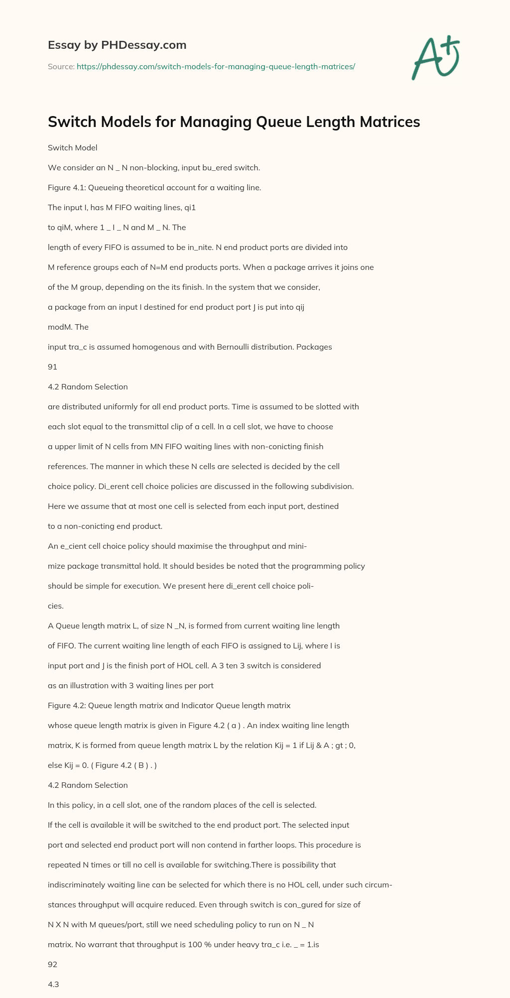 Switch Models for Managing Queue Length Matrices essay