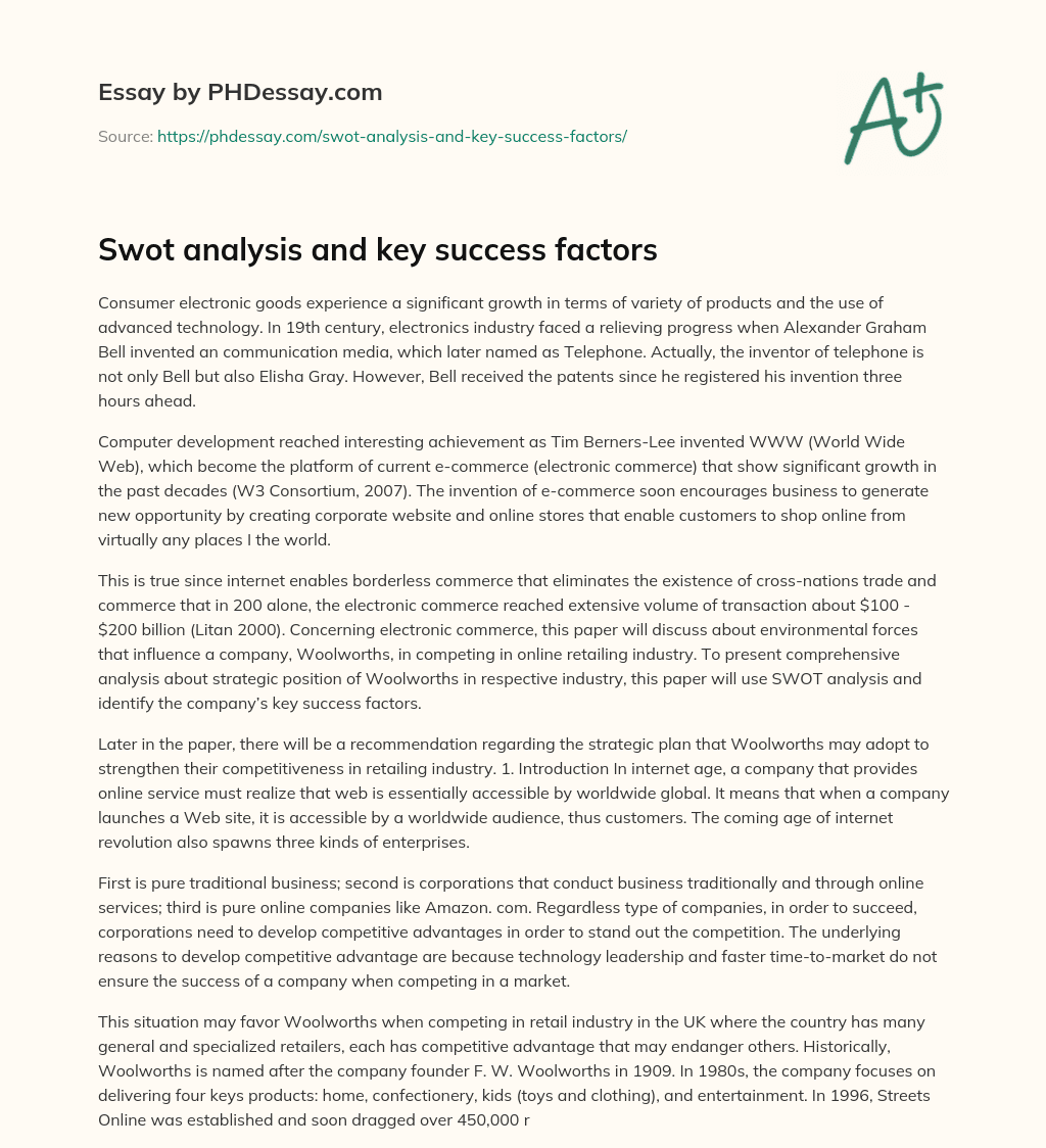 Swot analysis and key success factors essay