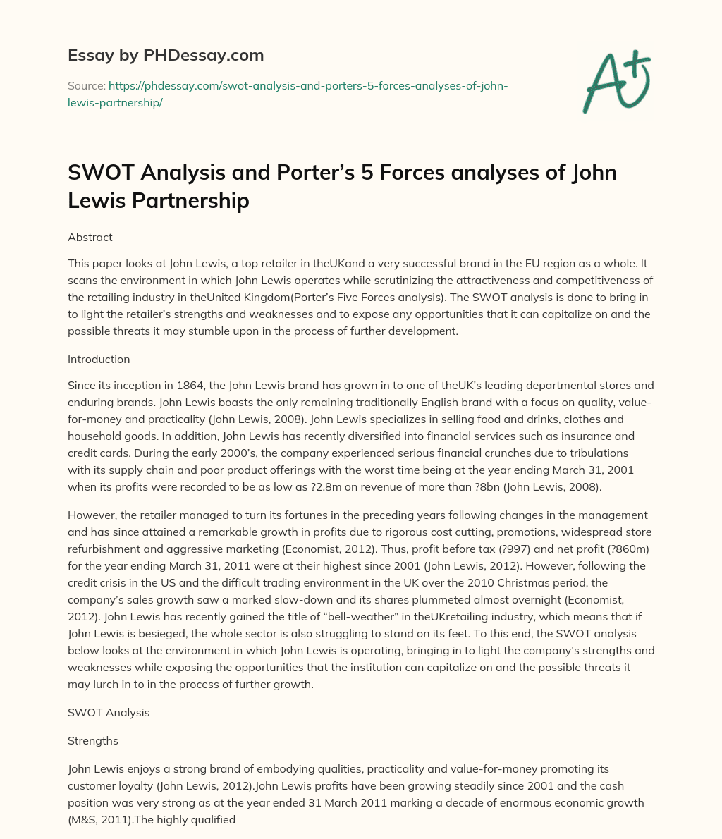 SWOT Analysis and Porter’s 5 Forces analyses of John Lewis Partnership