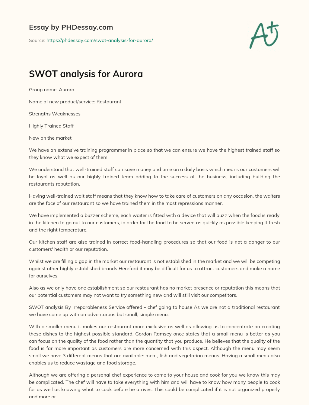 SWOT analysis for Aurora essay