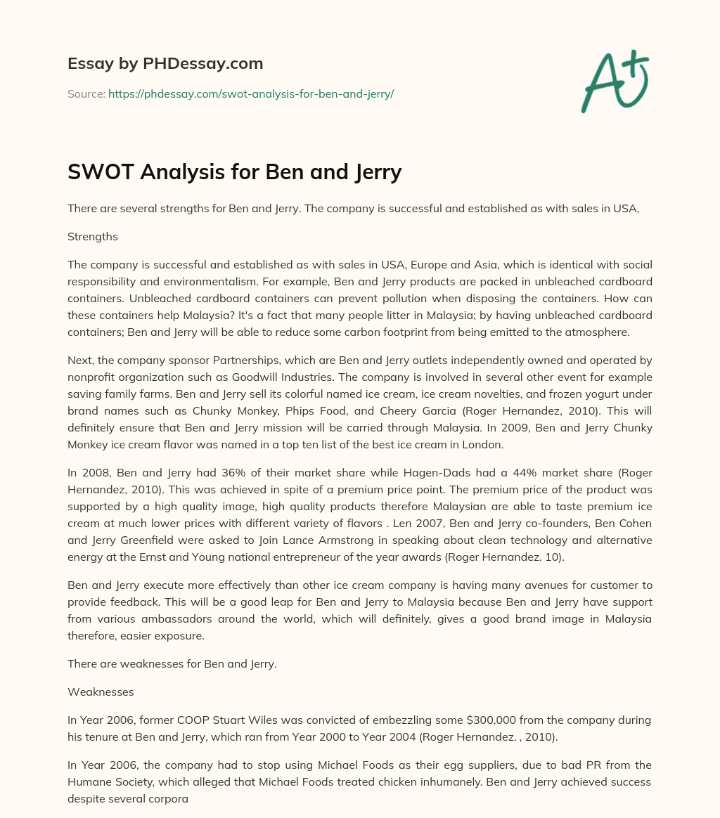 SWOT Analysis for Ben and Jerry essay