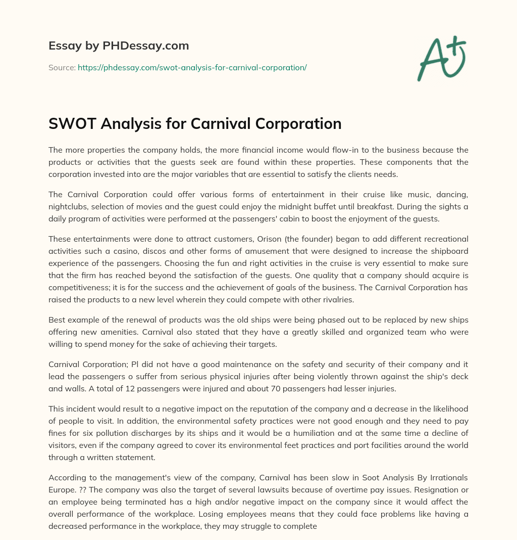 SWOT Analysis for Carnival Corporation essay
