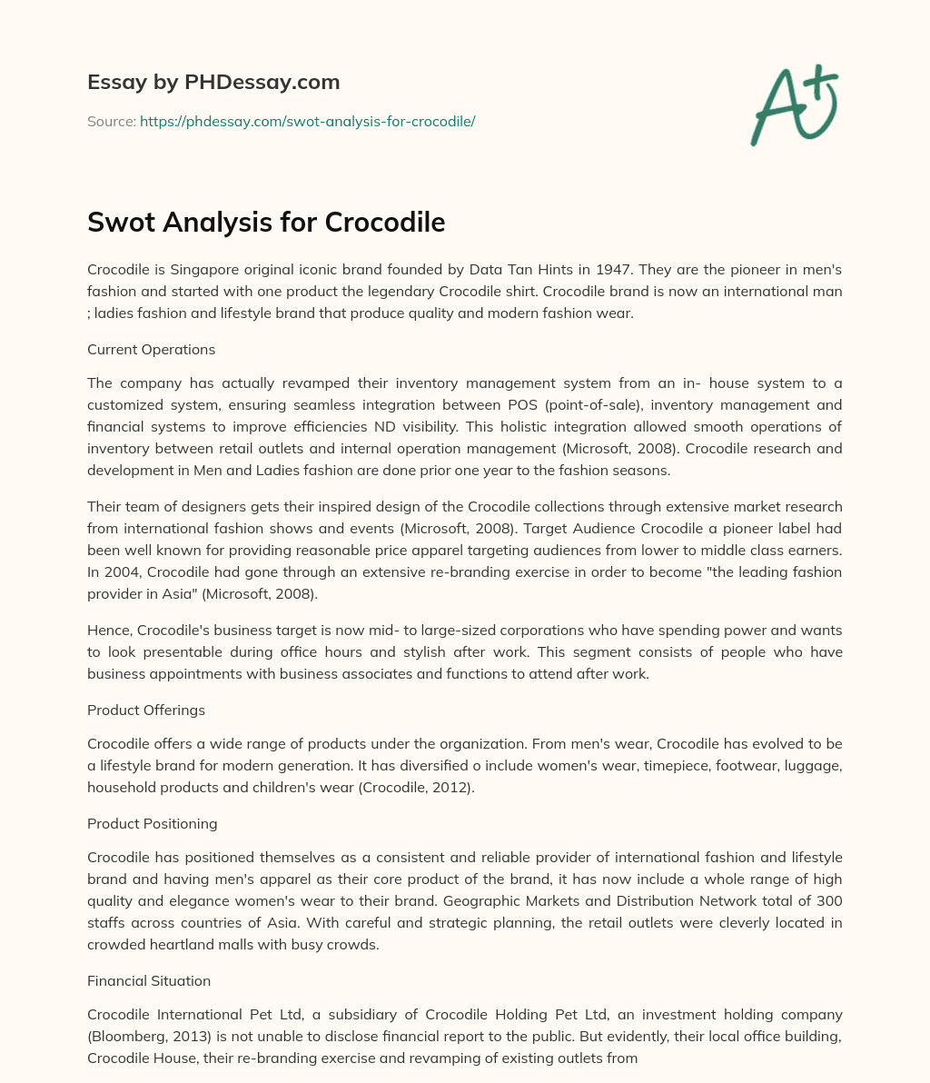Swot Analysis for Crocodile essay