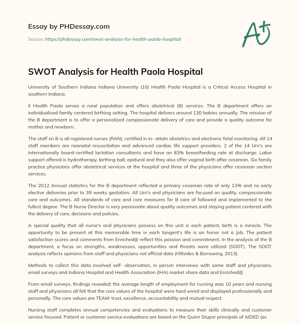 SWOT Analysis for Health Paola Hospital - PHDessay.com