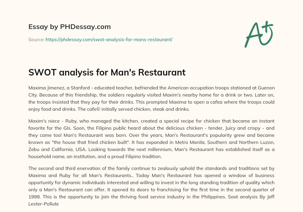 SWOT analysis for Man’s Restaurant essay
