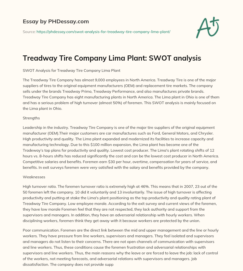 Treadway Tire Company Lima Plant: SWOT analysis essay