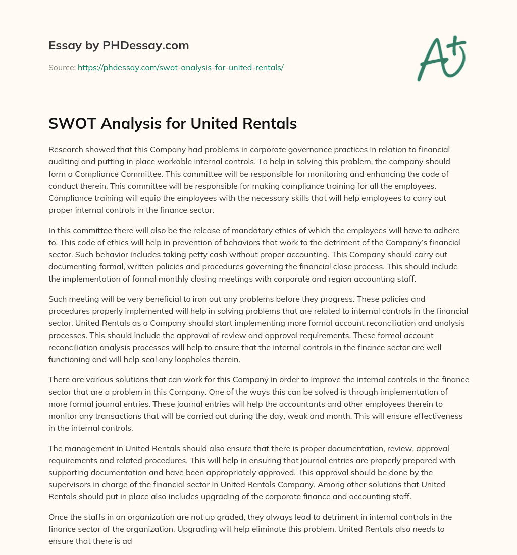 SWOT Analysis for United Rentals essay
