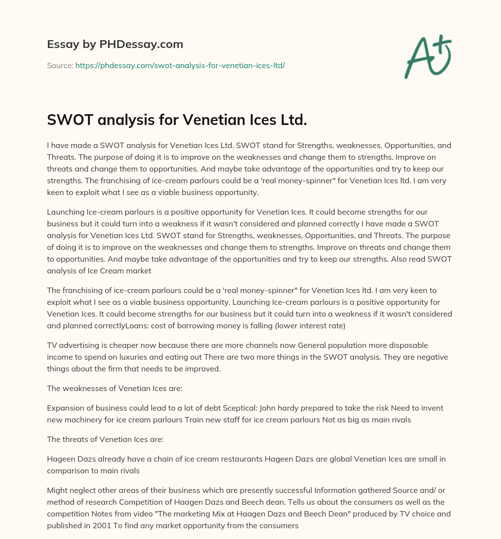 SWOT analysis for Venetian Ices Ltd. essay