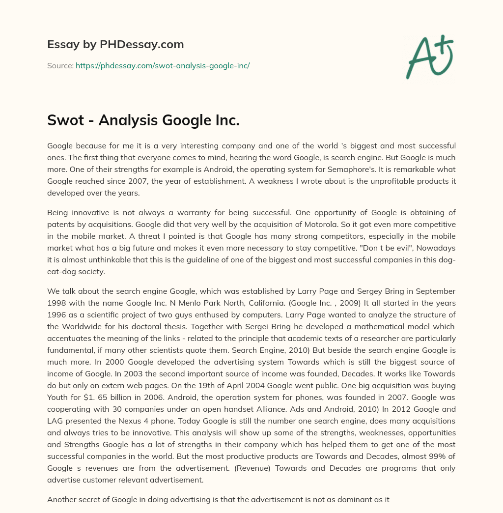Swot – Analysis Google Inc. essay