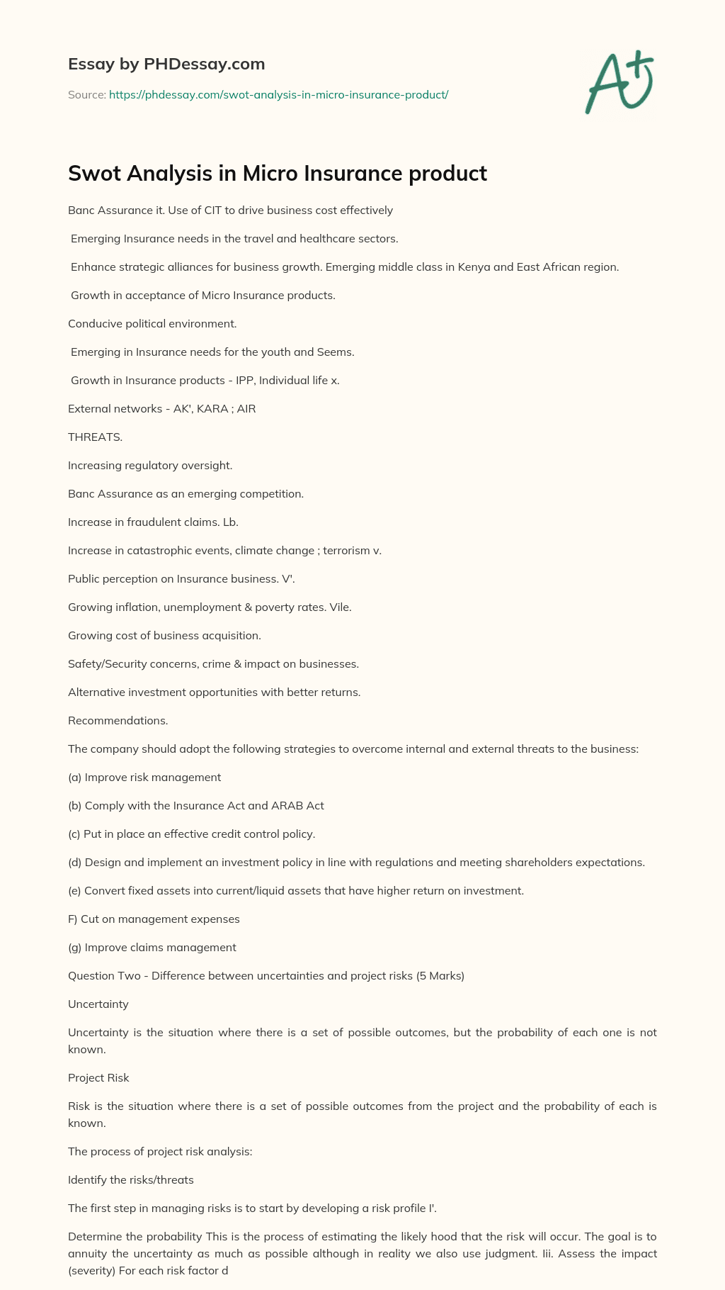 Swot Analysis in Micro Insurance product essay