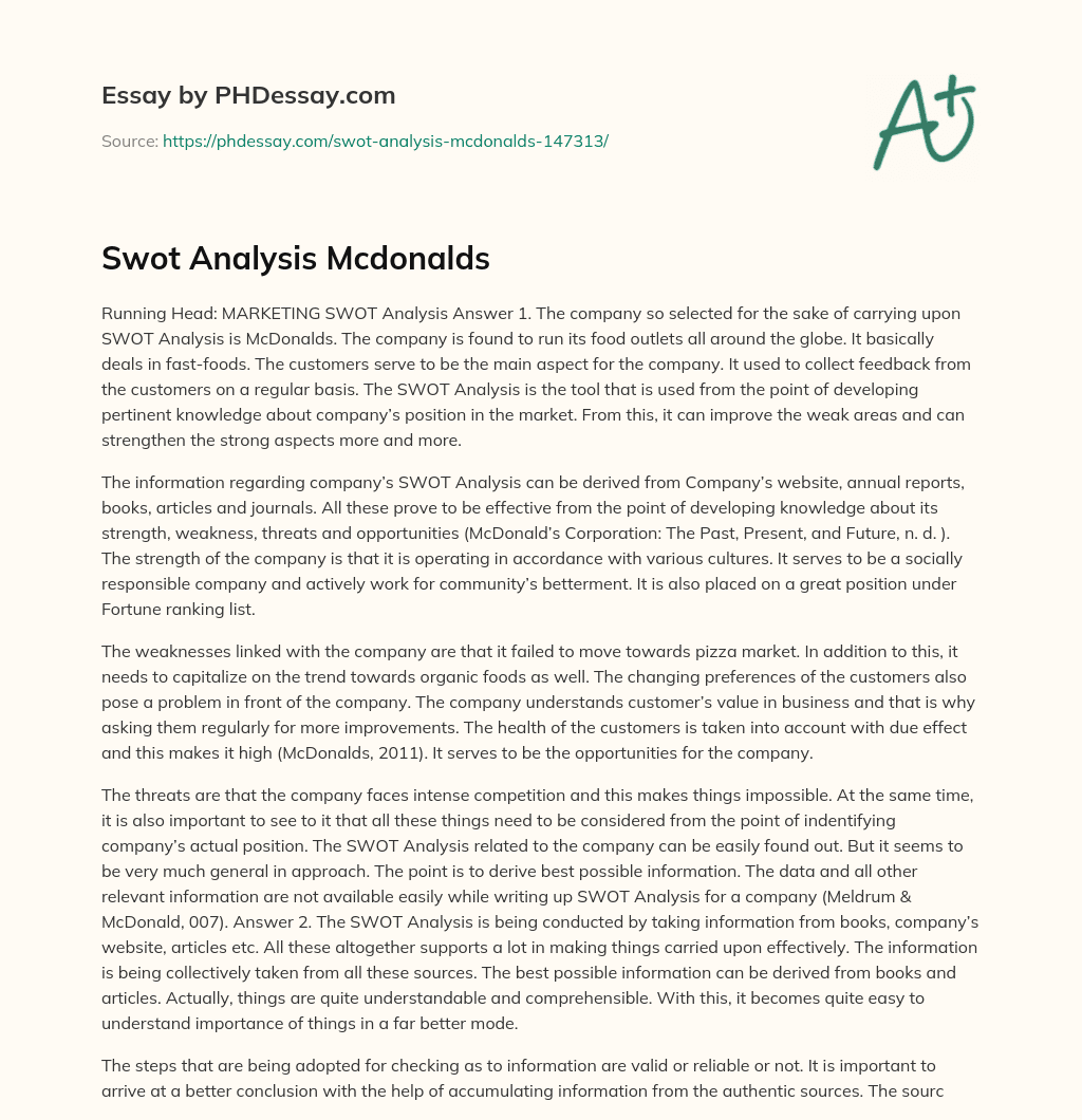 Swot Analysis Mcdonalds essay