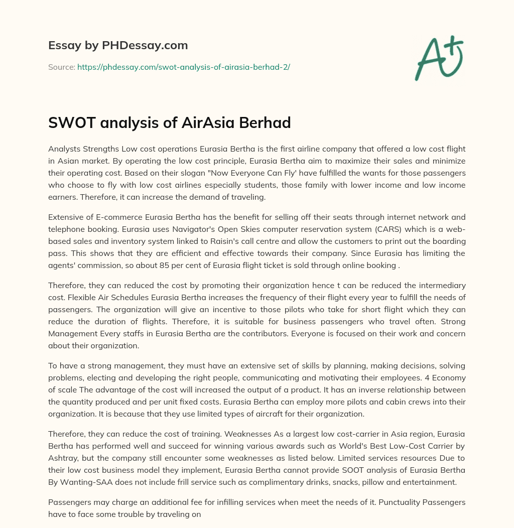 SWOT analysis of AirAsia Berhad essay