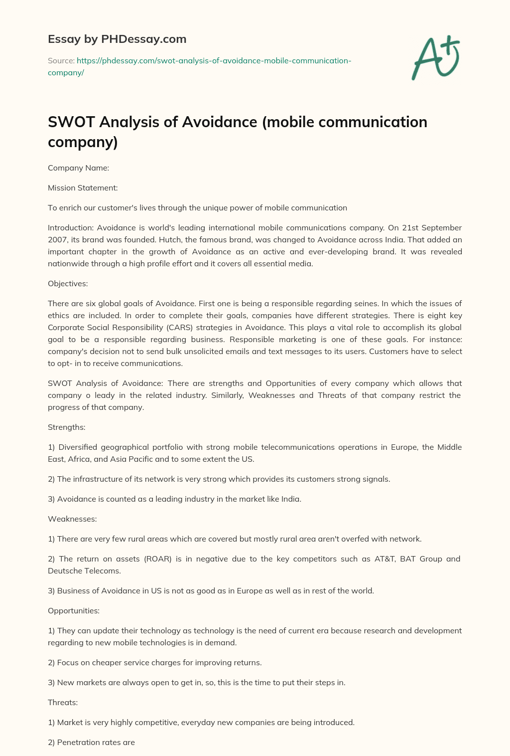 SWOT Analysis of Avoidance (mobile communication company) essay
