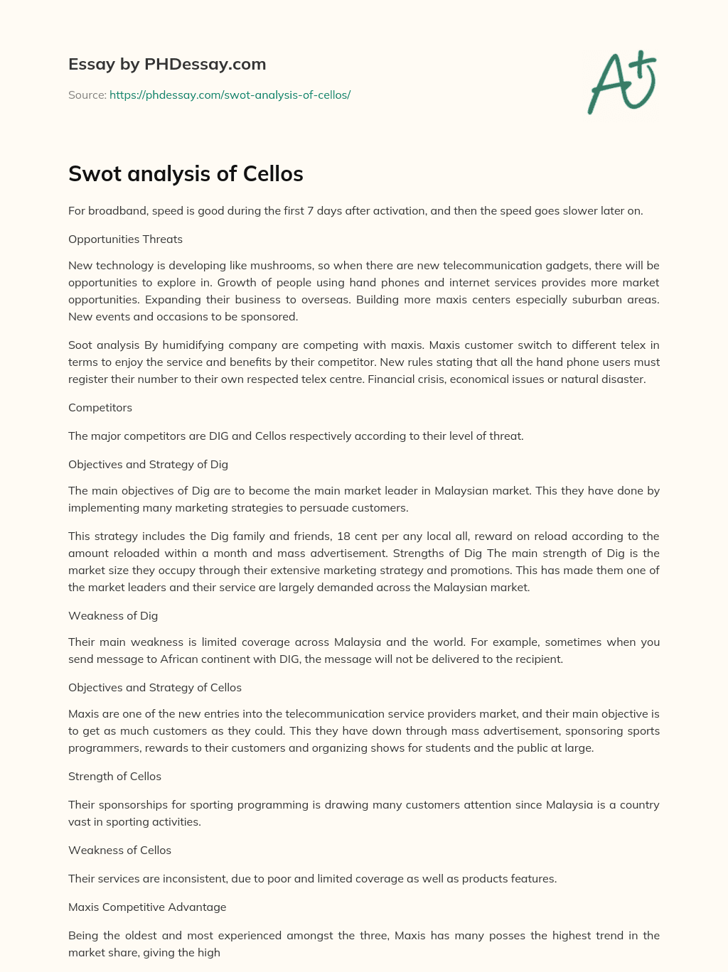 Swot analysis of Cellos essay