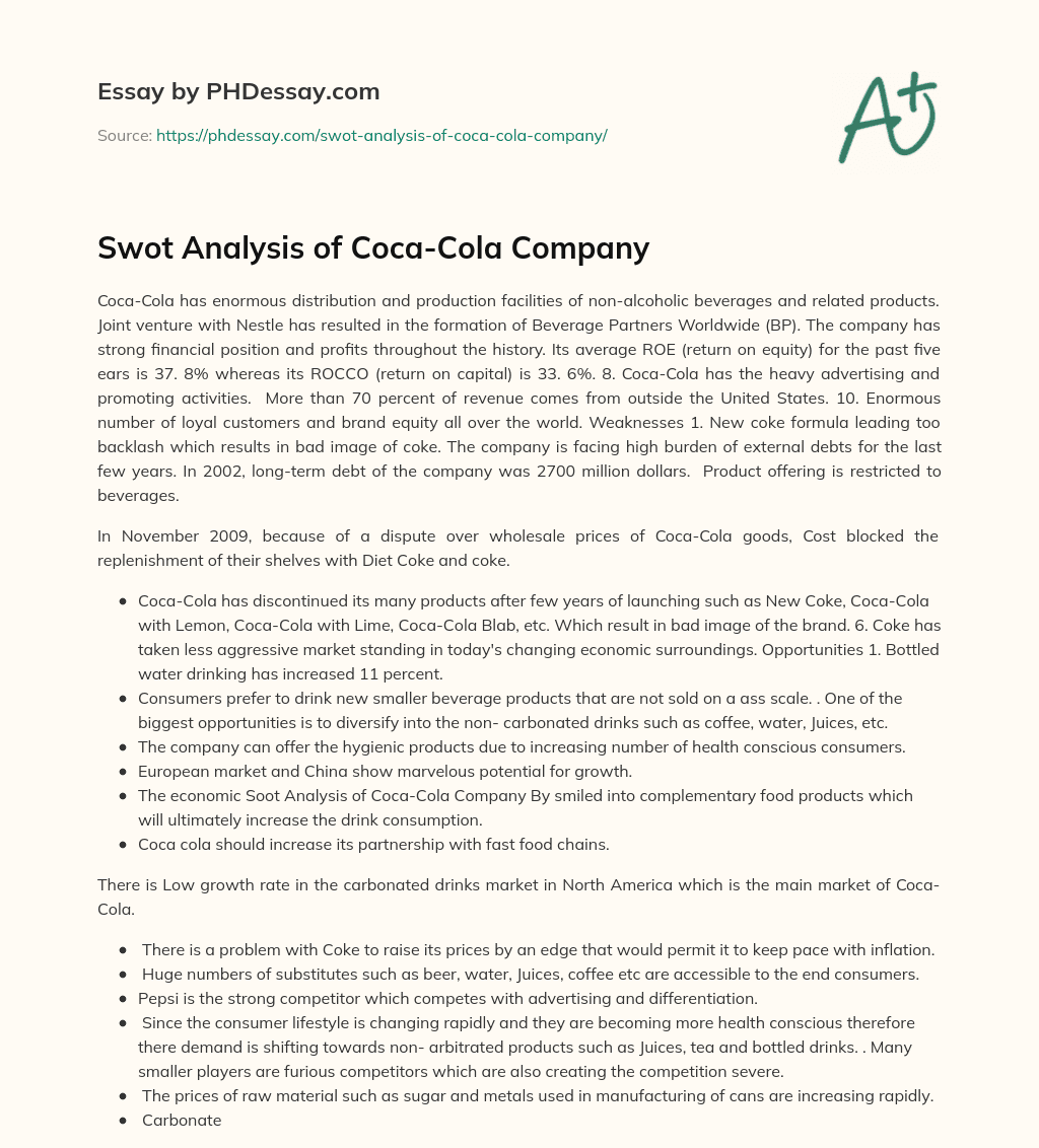 Swot Analysis of Coca-Cola Company essay
