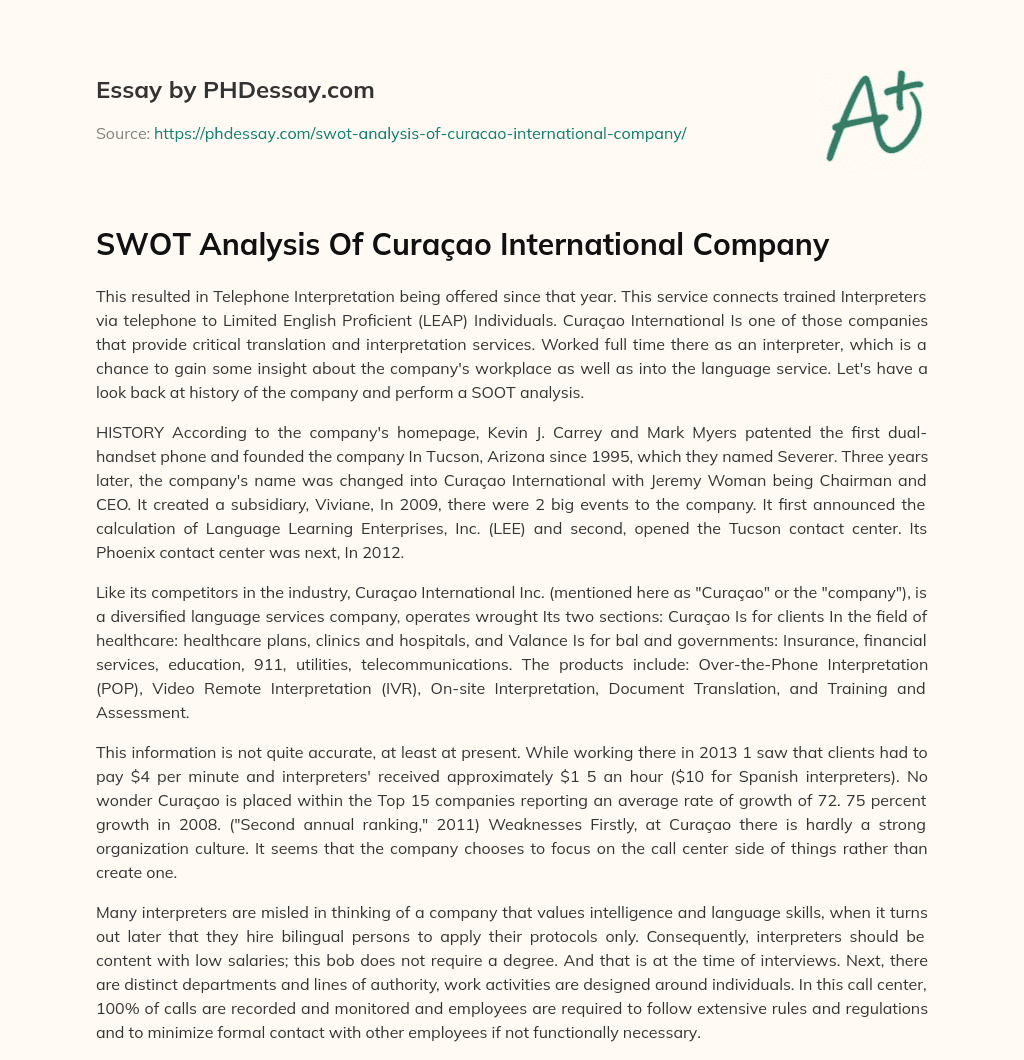 SWOT Analysis Of Curaçao International Company essay