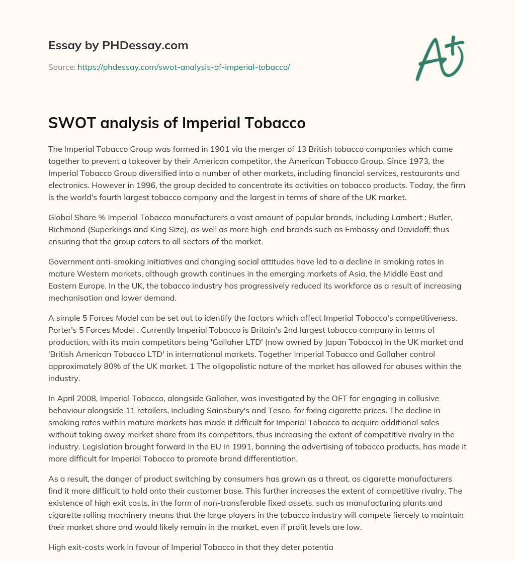 SWOT analysis of Imperial Tobacco essay