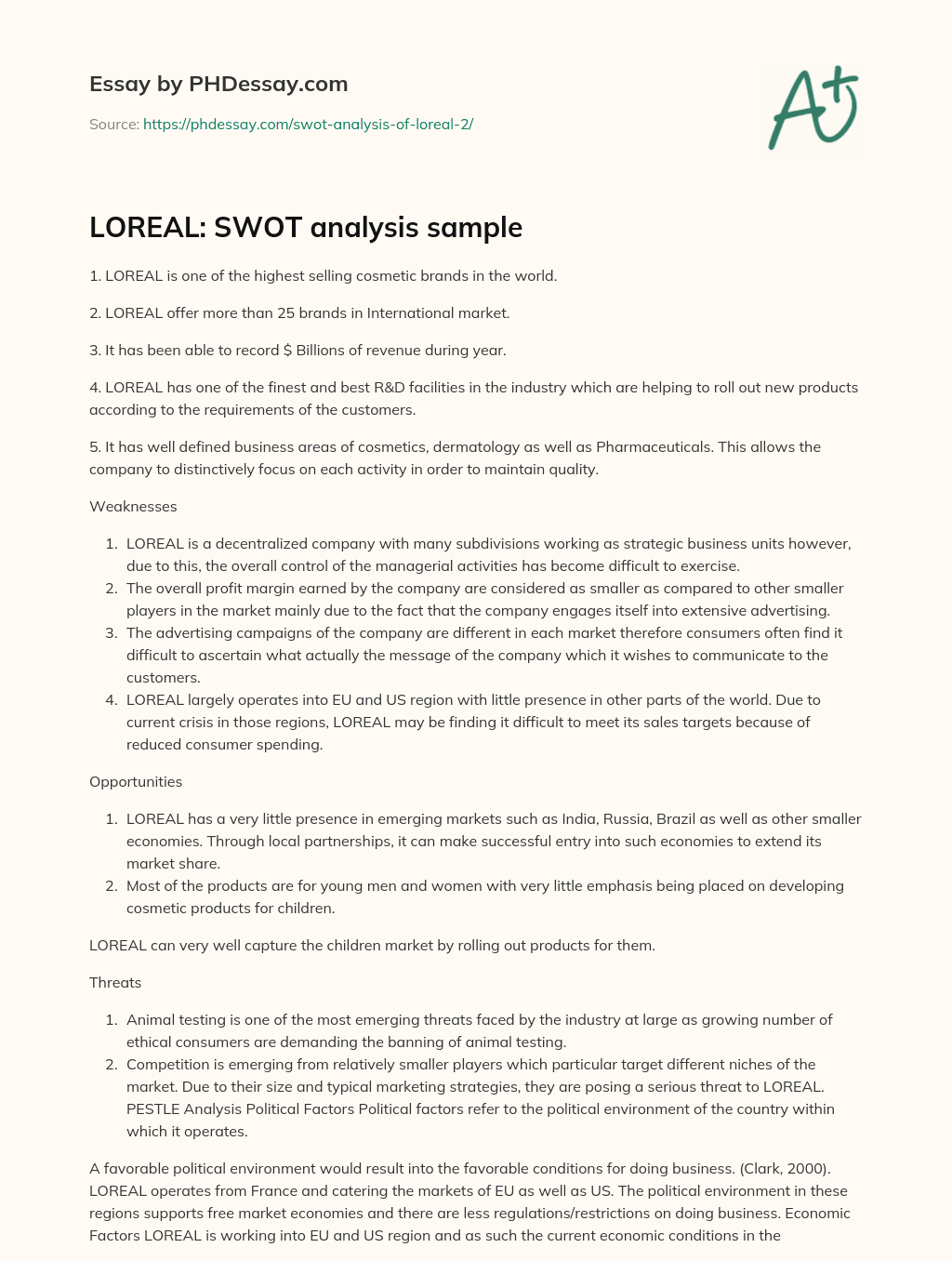 LOREAL: SWOT analysis sample essay