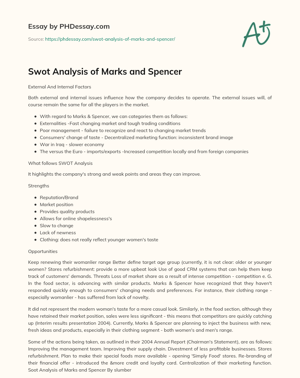 Swot Analysis of Marks and Spencer essay